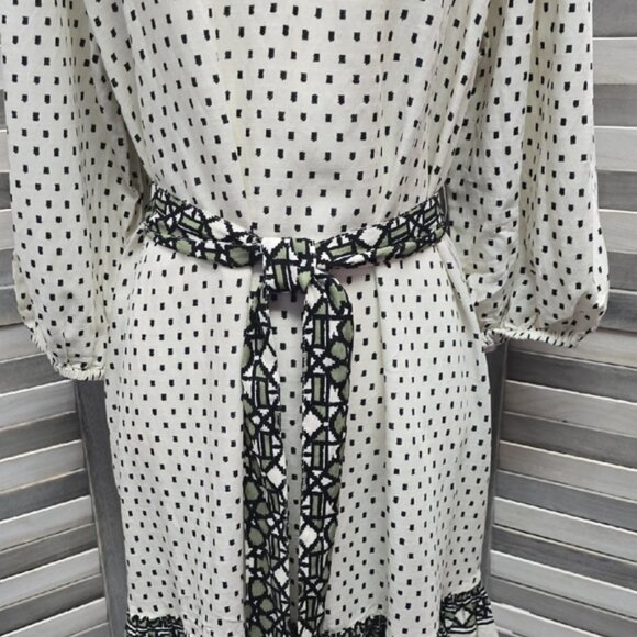 3/4 Sleeve A-line Dress Cream Polka Dots Belted Shift Dress | Knox Rose | Large - Picture 3 of 12